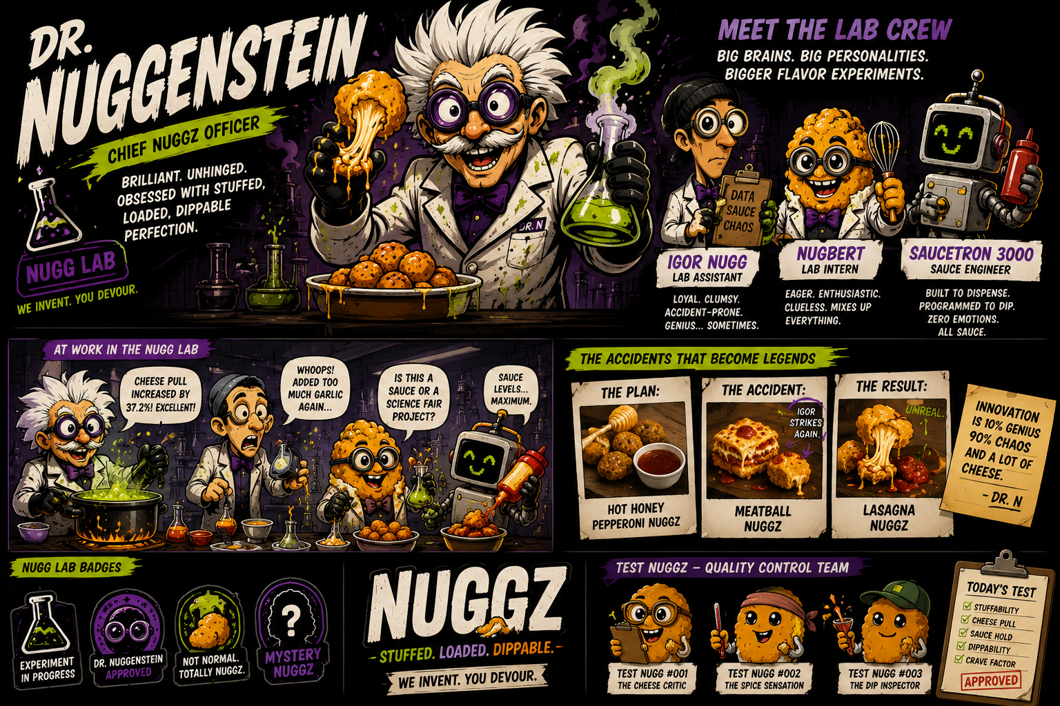Dr. Nuggenstein, Chief Nuggz Officer, holding a stuffed Nugg and a glowing green flask