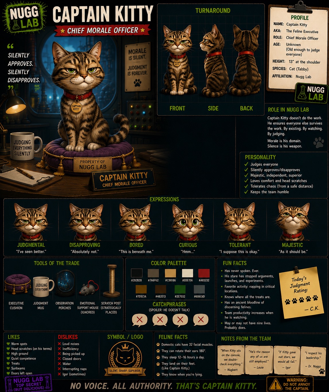 Captain Kitty — Chief Morale Officer — official NUGGZ Lab character profile sheet
