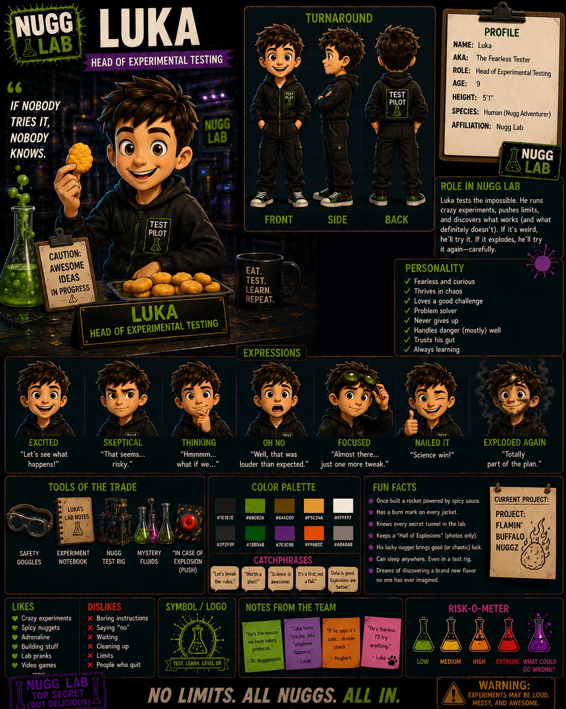 Luka — Head of Experimental Testing — official NUGGZ Lab character profile sheet