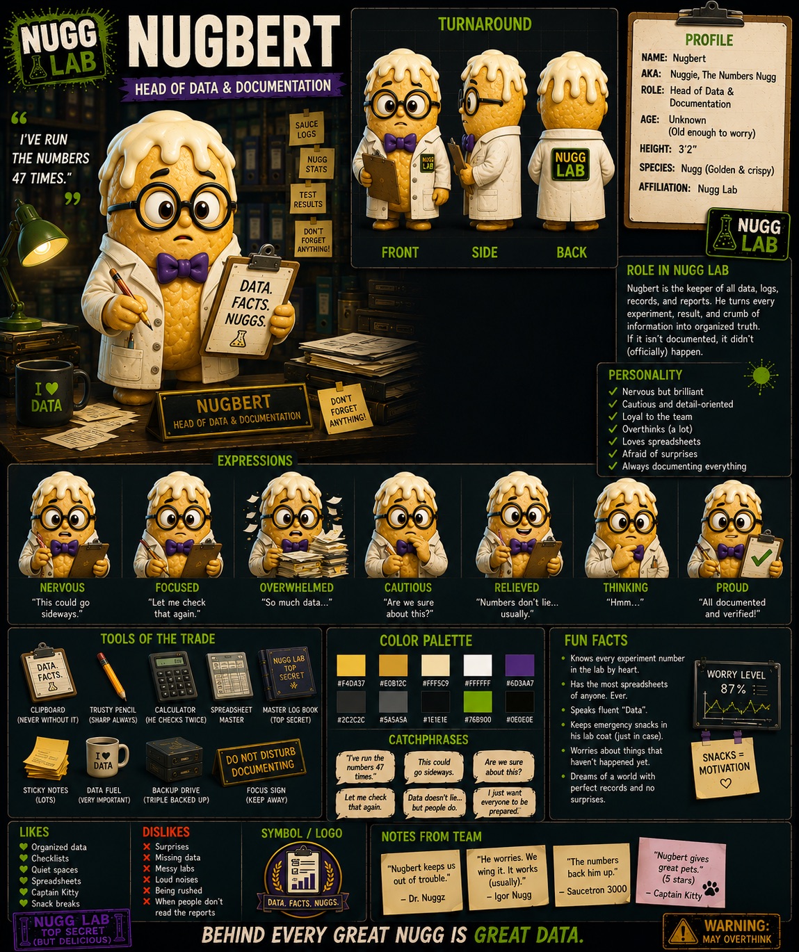Nugbert — Head of Data & Documentation — official NUGGZ Lab character profile sheet