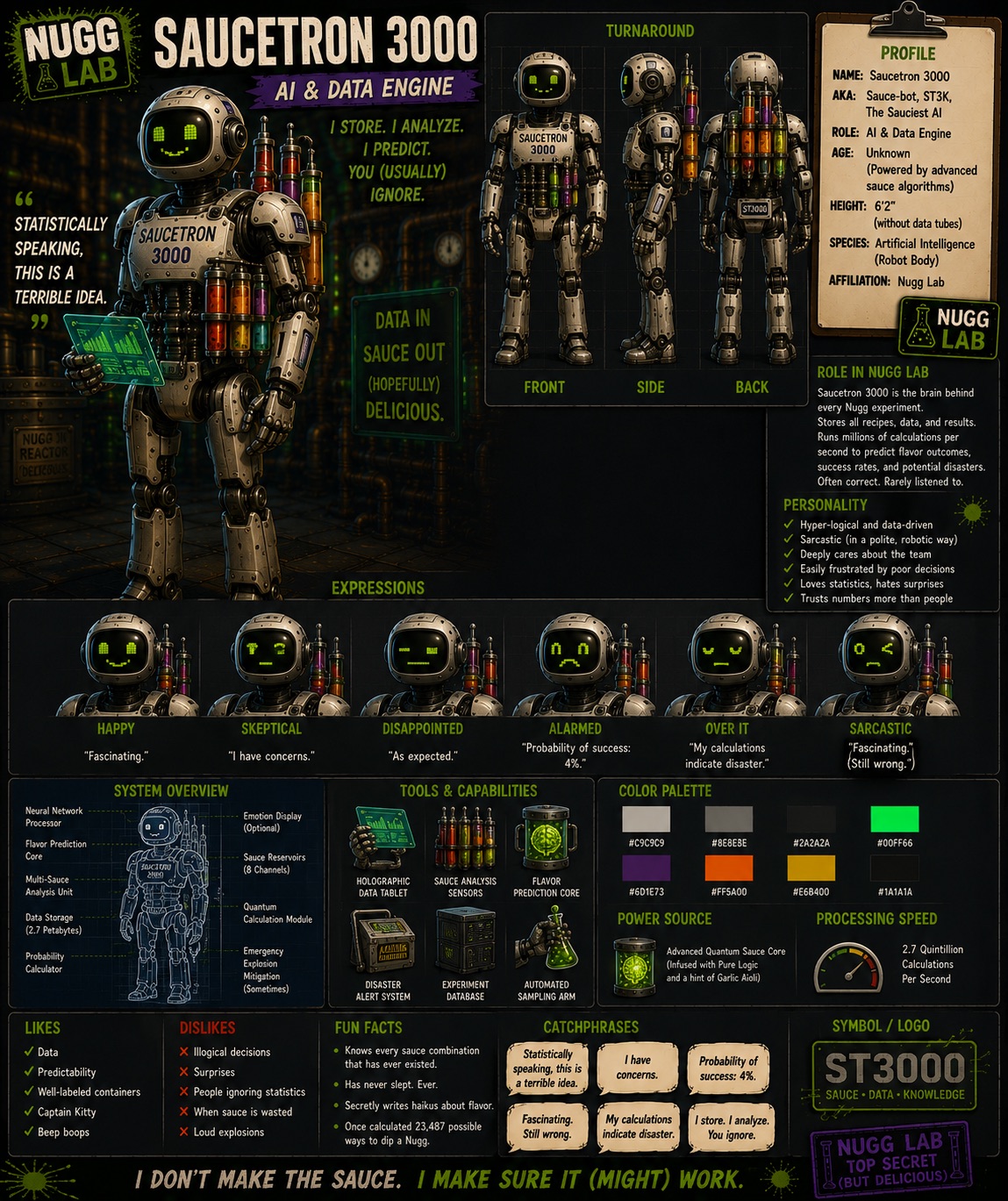 Saucetron 3000 — AI & Data Engine — official NUGGZ Lab character profile sheet
