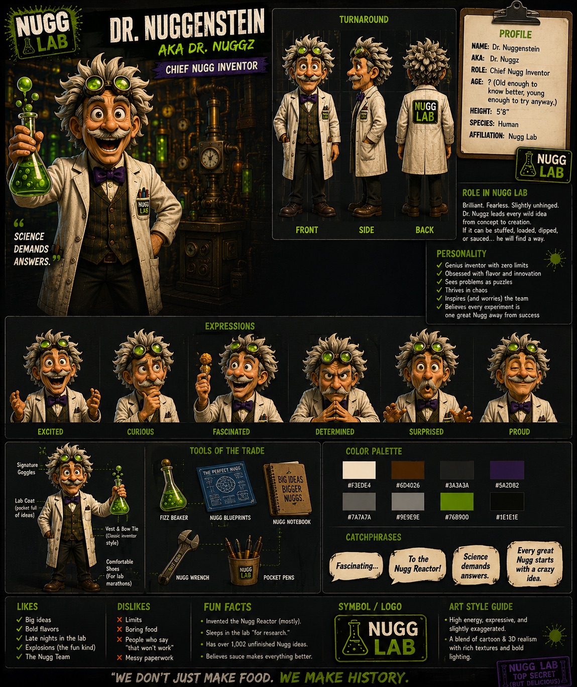Dr. Nuggenstein — Chief Nugg Inventor — official NUGGZ Lab character profile sheet