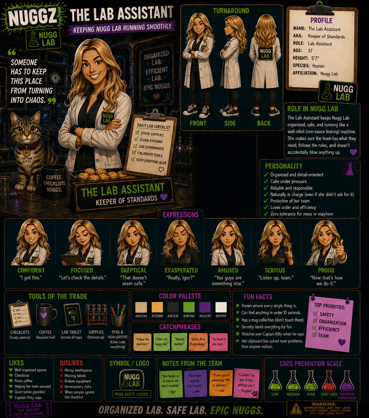 The Lab Assistant — Keeper of Standards — official NUGGZ Lab character profile sheet