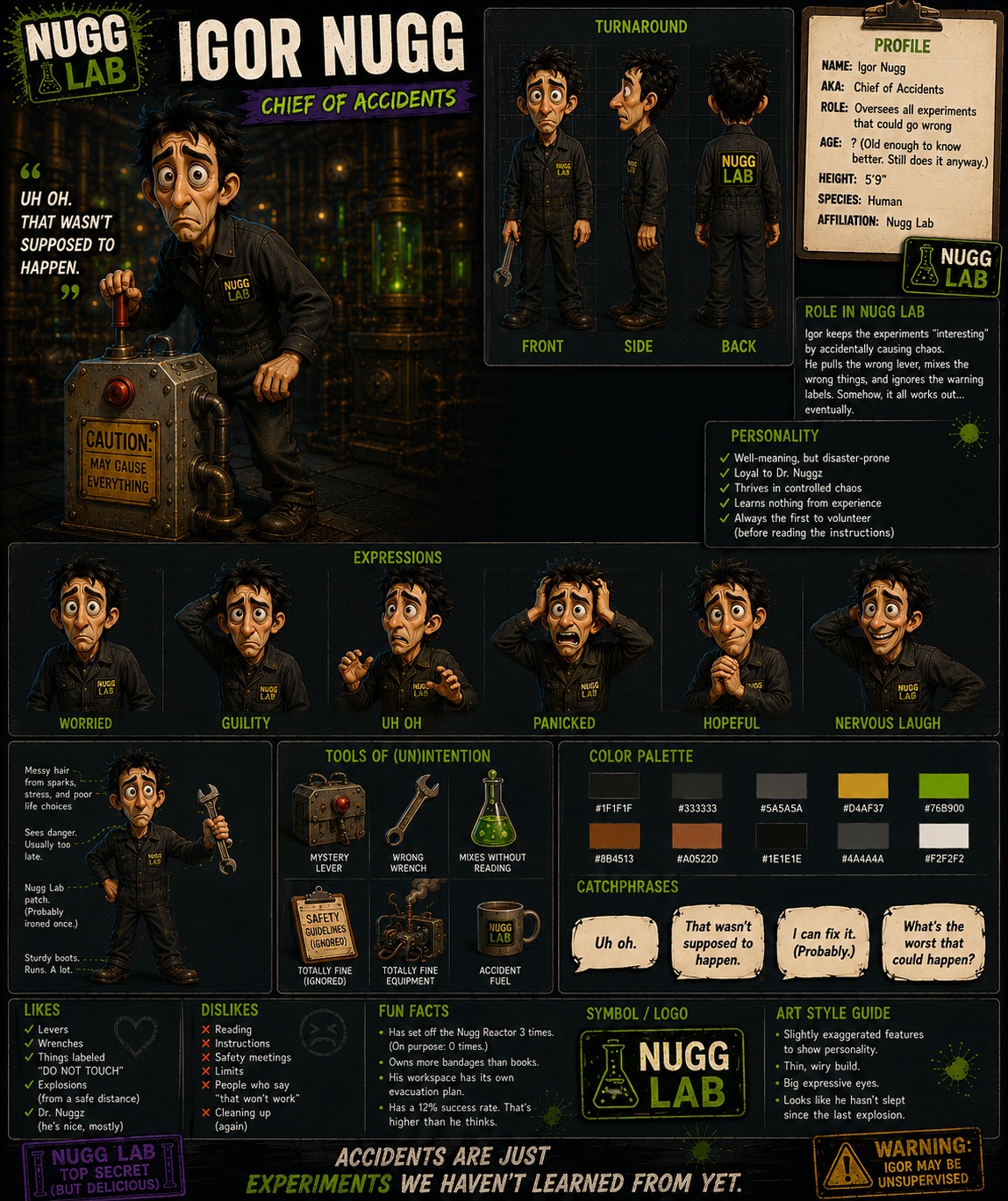Igor Nugg — Chief of Accidents — official NUGGZ Lab character profile sheet