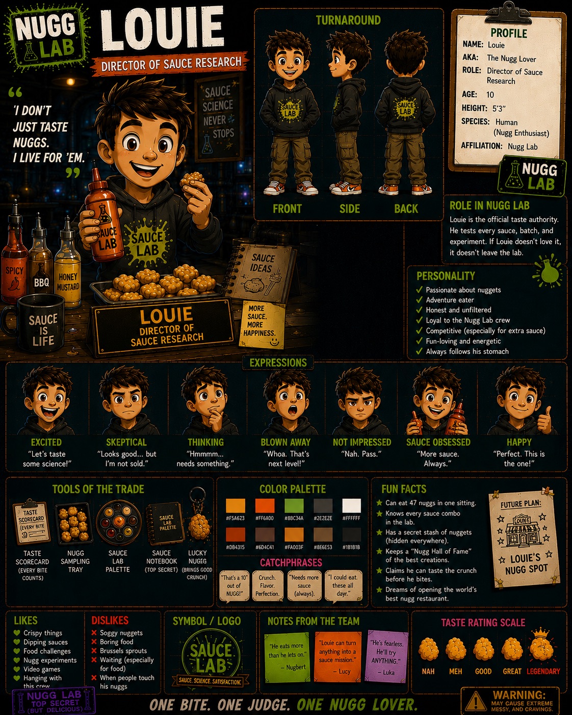 Louie — Director of Sauce Research — official NUGGZ Lab character profile sheet