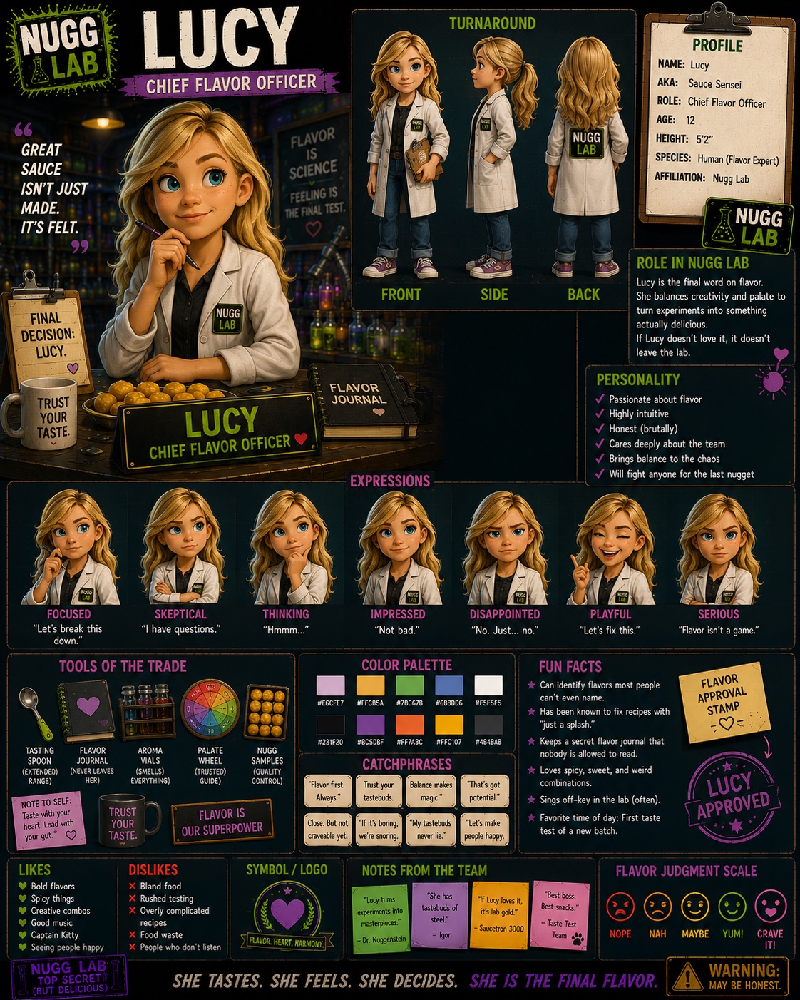 Lucy — Chief Flavor Officer — official NUGGZ Lab character profile sheet